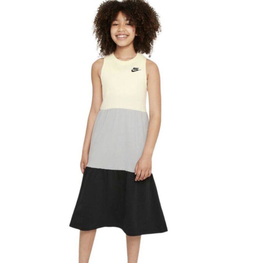 Nike Size Large French Terry Dress Gray White Tiered Colorblock Sleeveless
